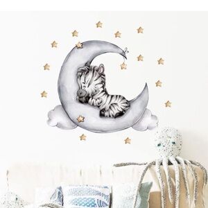 WALL DECAL Baby Zebra Snoozing on the Moon, Wall Art, Removable Wall Sticker